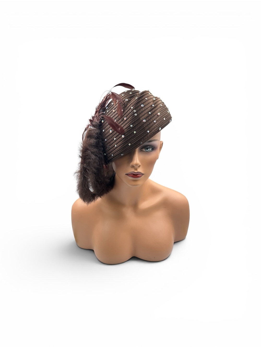 Vintage ML Studio Brown Rhinestone Genuine Fur & Feather Derby Cocktail Hat OS - Picture 1 of 9